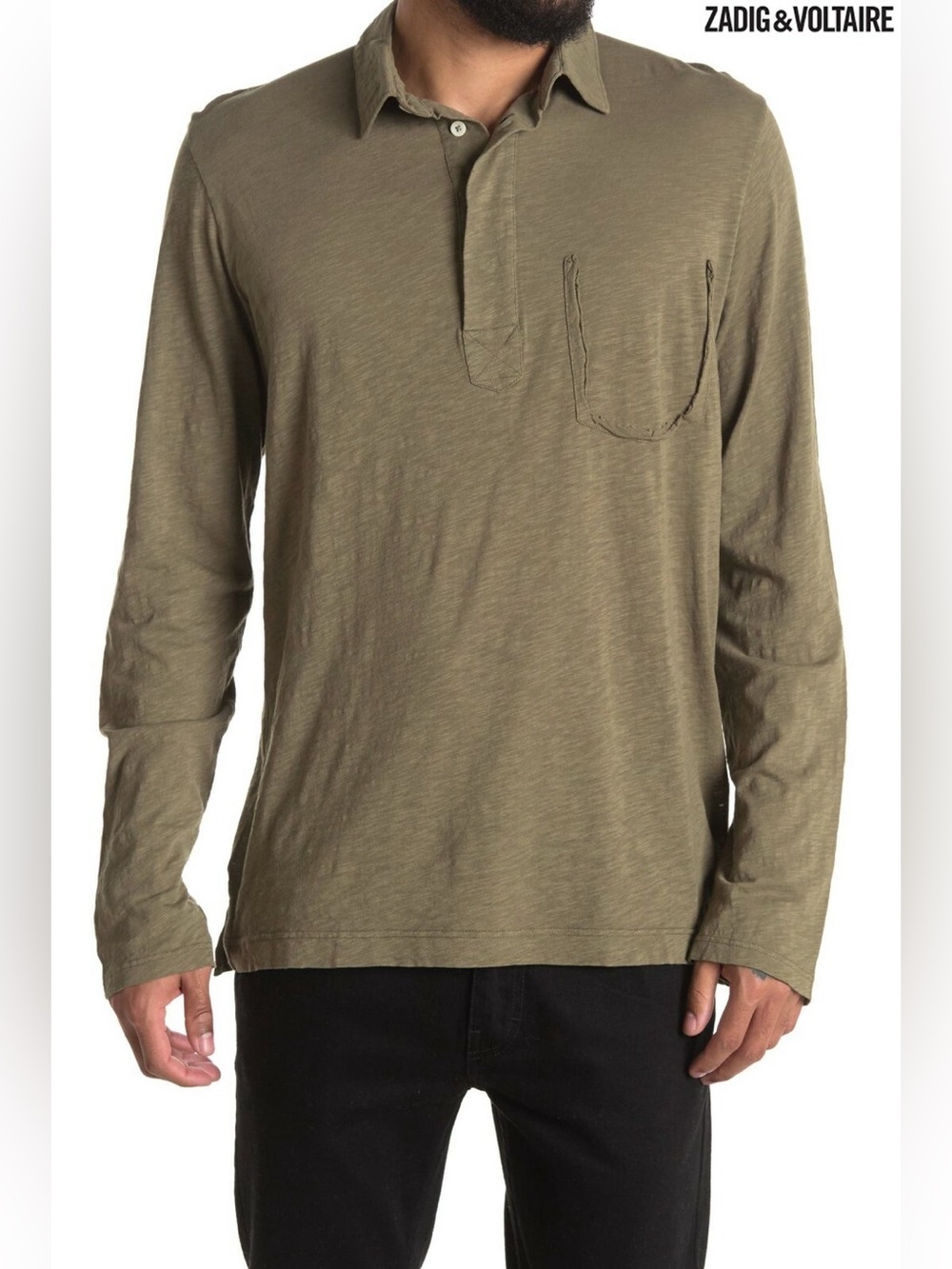 Zadig & Voltaire Togo Flamme Olive Polo Shirt M 100% Cotton Long Sleeve Men’s